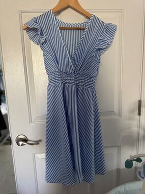 Beautiful Blue and White Striped V-Neck Dress